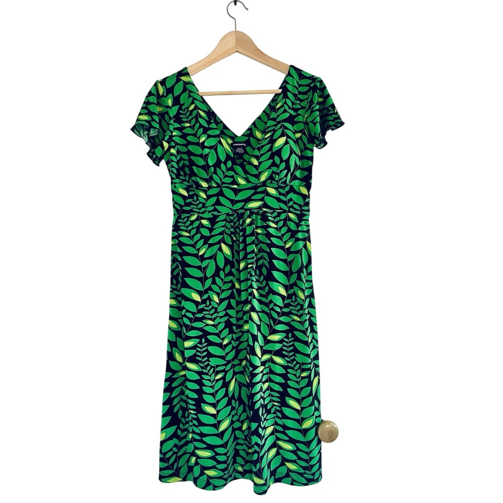 Green Leaf Nature Print Midi Dress‎ Boho Garden Party VNeck Padded Retro Y2K S